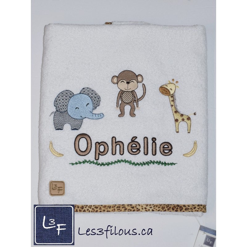 Zoo Singe Girafe Elephant Drap de Bain Brodé et Personnalisé DRA-017