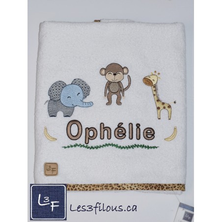 Zoo Singe Girafe Elephant Drap de Bain Brodé et Personnalisé DRA-017