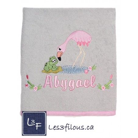 Flamant Rose Grenouille Drap de Bain Brodé et Personnalisé DRA-161