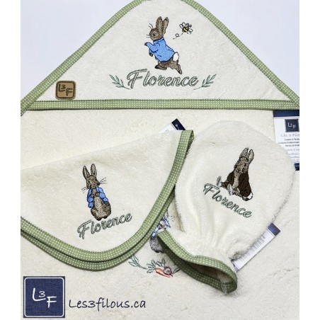 Lapins Bunny Peter Rabbit Serviette Capuchon Brodée et Personnalisée DOU-001