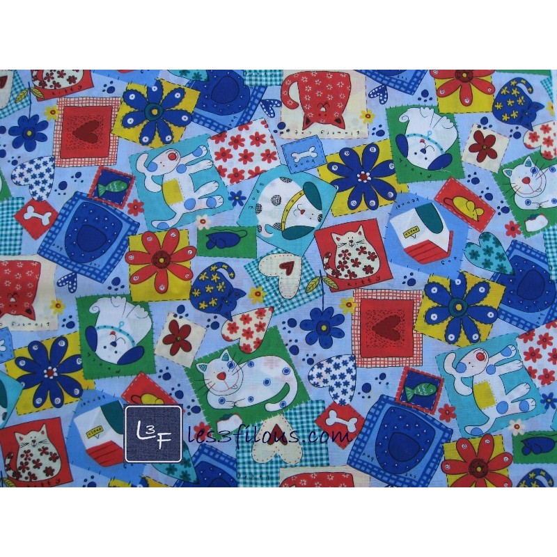 Chien Chat sur fond bleu Tissu TIS-0631*