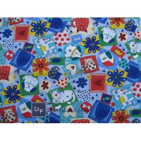 Chien Chat sur fond bleu Tissu TIS-0631*