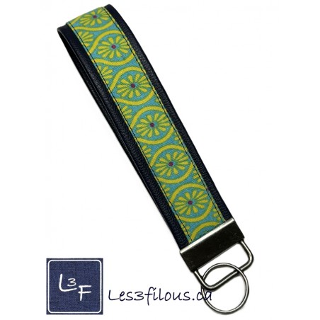 Porte Clefs Fleurs Jaunes et Turquoises sur fond Marine PC-219