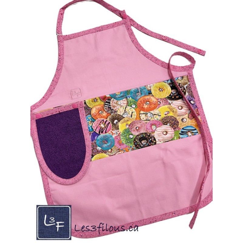 Beigne Donut Tablier Enfant Couleur Rose avec essuie-mains Prêt à Broder TEN-223P