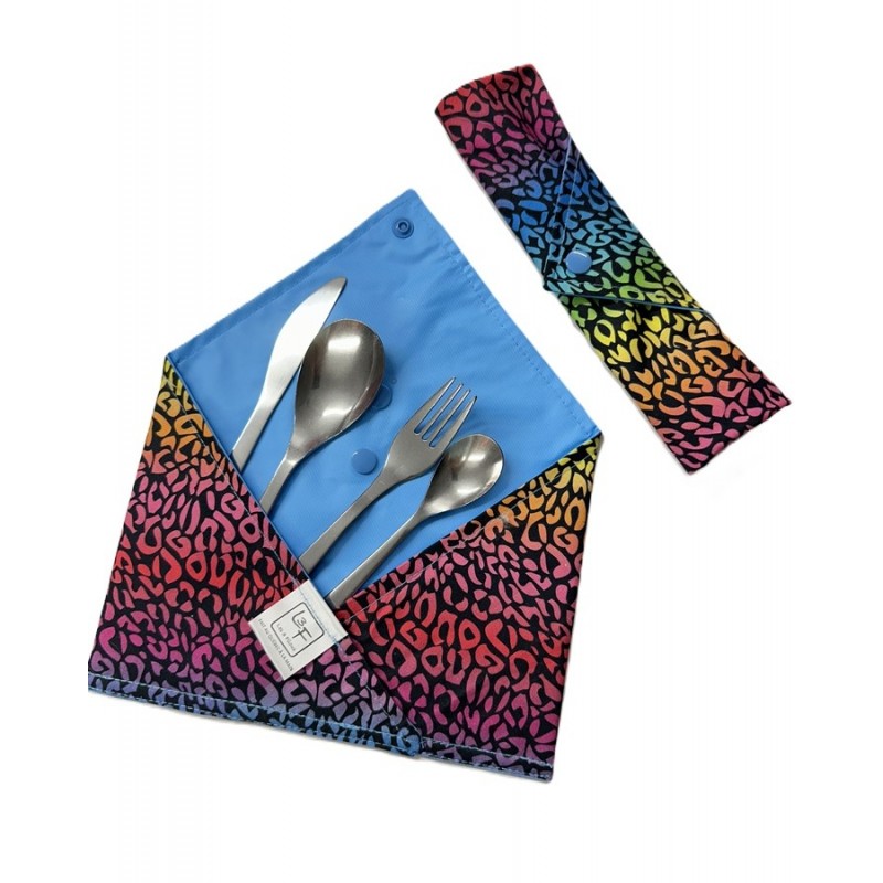 Léopard Muticouleur Pochette à Ustensiles Roulable et Réutilisable (Ustensiles inclus)