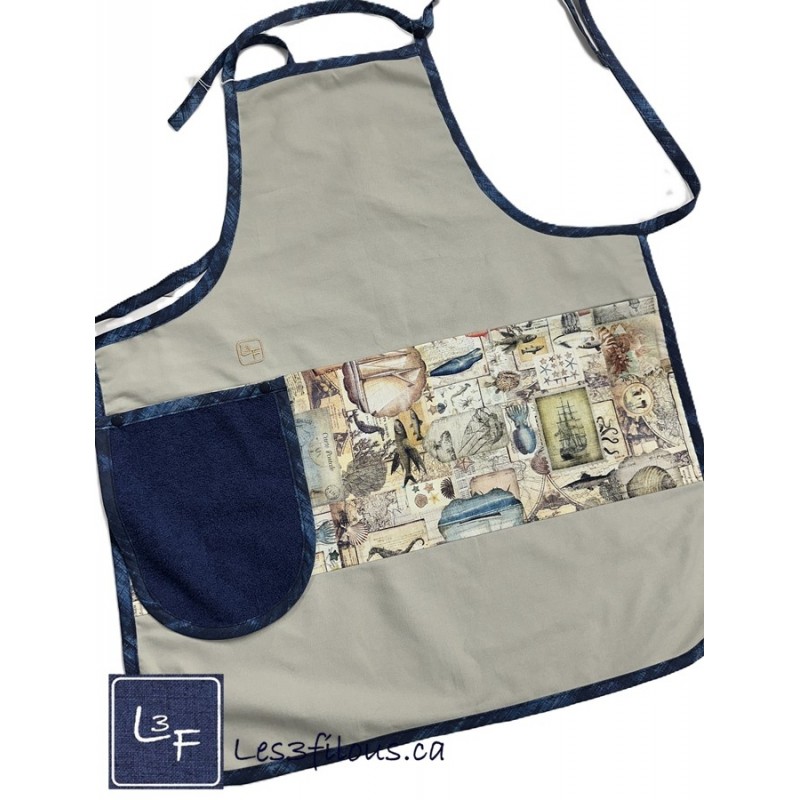 Mer Nautique Voilier Tablier Kaki avec Essuie-mains Adulte Prêt à Broder TEM-274P