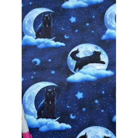 Chats Noirs et Lune sur fond bleu Tissu TIS-0572*