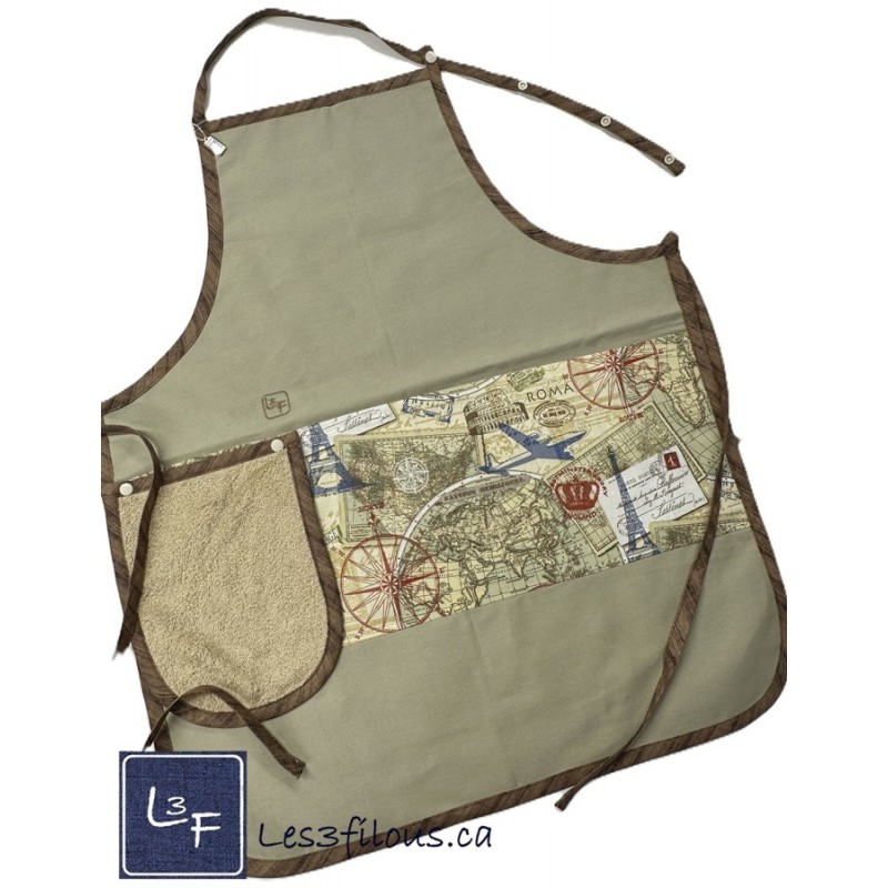 Tour du Monde Paris Rome Voyage Tablier Adulte Beige avec Essuie-mains  Prêt à Broder TEM-327AP