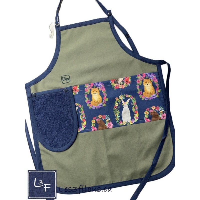 Animaux de la Foret Lapin Renard Hibou Tablier Enfant avec Essuie-mains Prêt à Broder TEN-272P