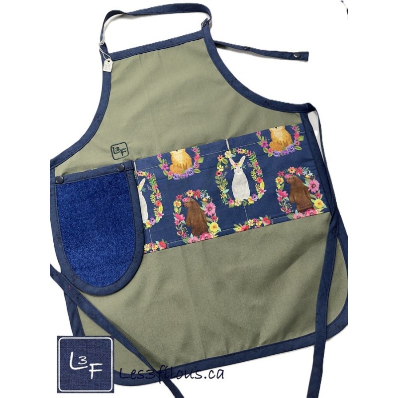 Animaux de la Foret Lapin Renard Hibou Tablier Enfant avec Essuie-mains Prêt à Broder TEN-273P