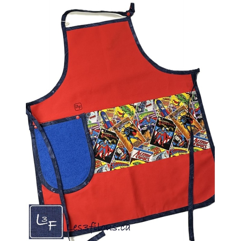 Super Héros Superman Tablier Adulte avec Essuie-mains Couleur Rouge Prêt à Broder TEM-311P