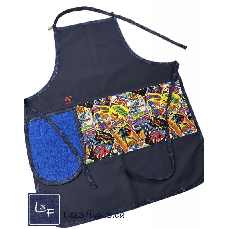 Super Héros Superman Tablier Adulte avec Essuie-mains Couleur Marine Prêt à Broder TEM-324P