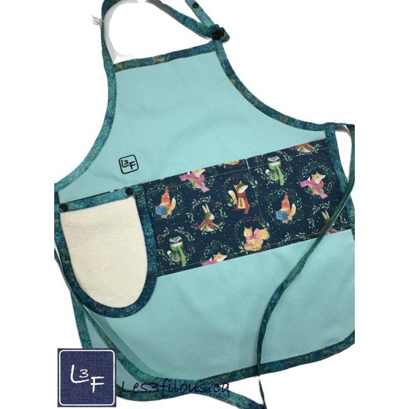 Animaux de la Foret en Hiver Renard Raton Laveur Ecureuil Tablier Enfant avec Essuie-mains Prêt à Broder TEN-311P