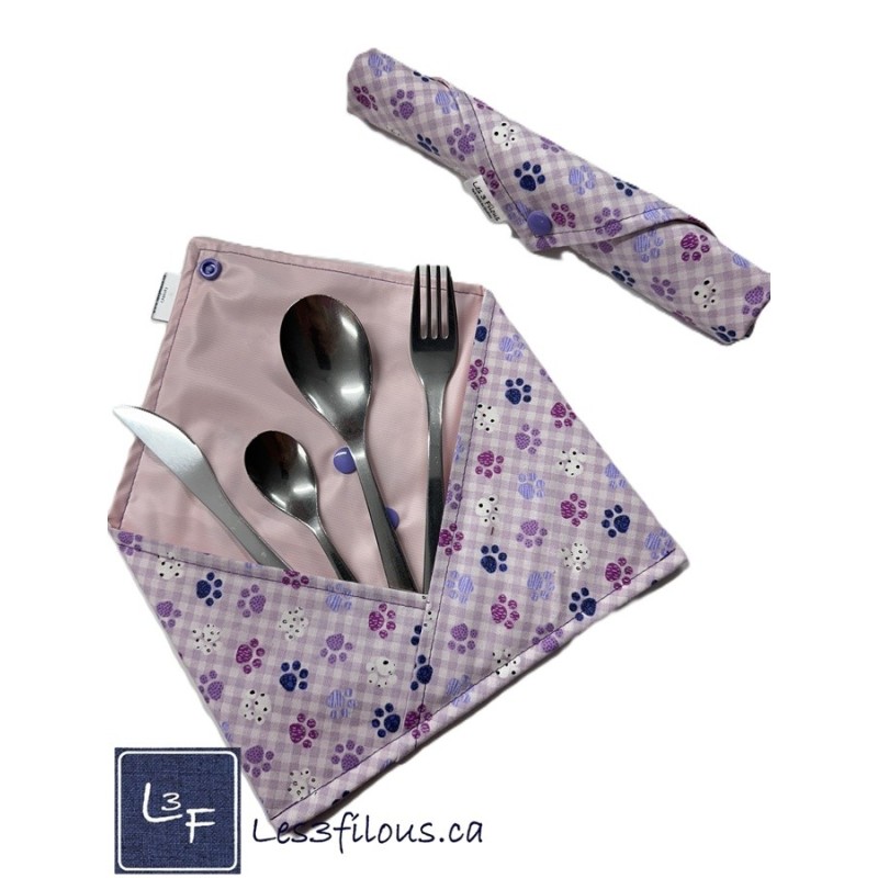 Petites Pattes de Chien Chat Pochette à Ustensiles Roulable et Réutilisable (Ustensiles inclus)