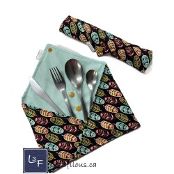 Plumes Endos vert Pâle Pochette à Ustensiles Roulable et Réutilisable (Ustensiles inclus)
