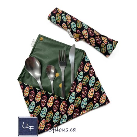 Plumes Endos vert Foncé Pochette à Ustensiles Roulable et Réutilisable (Ustensiles inclus)