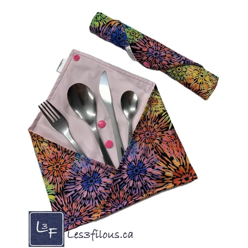 Explosion de Couleur Pochette à Ustensiles Roulable et Réutilisable (Ustensiles inclus)