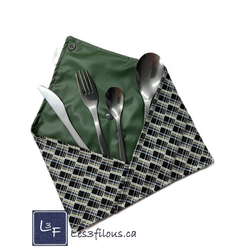Carreauté vert et Noir Pochette à Ustensiles Roulable et Réutilisable (Ustensiles inclus)