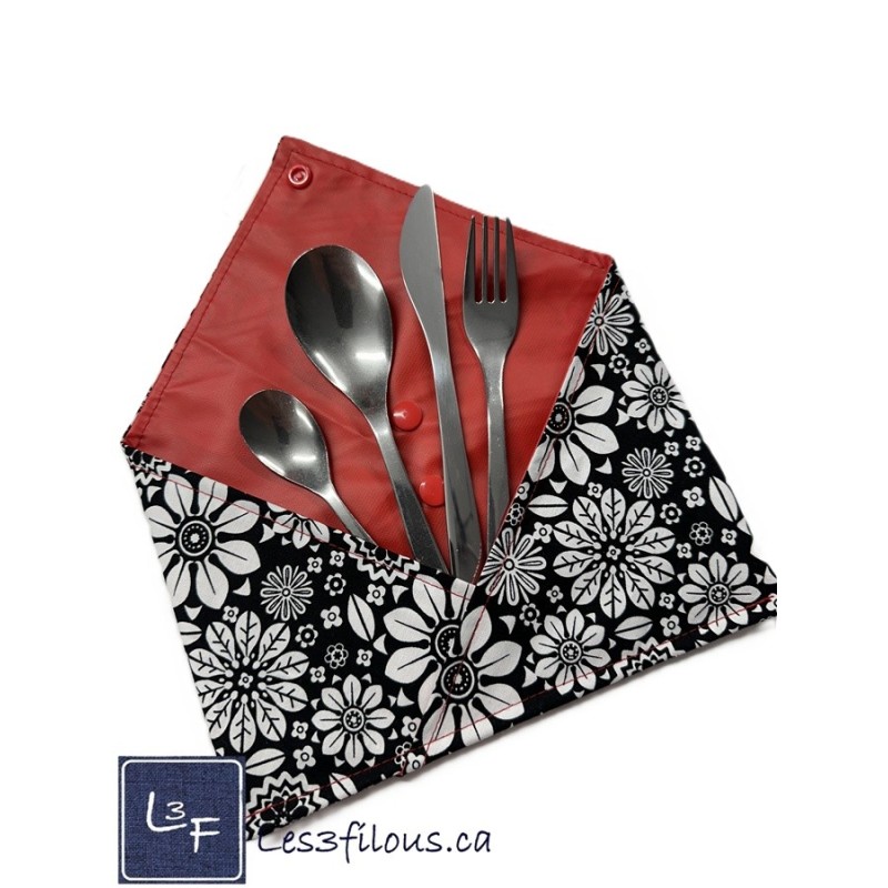 Fleur Noir et Blanc Pochette à Ustensiles Roulable et Réutilisable (Ustensiles inclus)