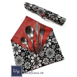 Fleur Noir et Blanc Pochette à Ustensiles Roulable et Réutilisable (Ustensiles inclus)