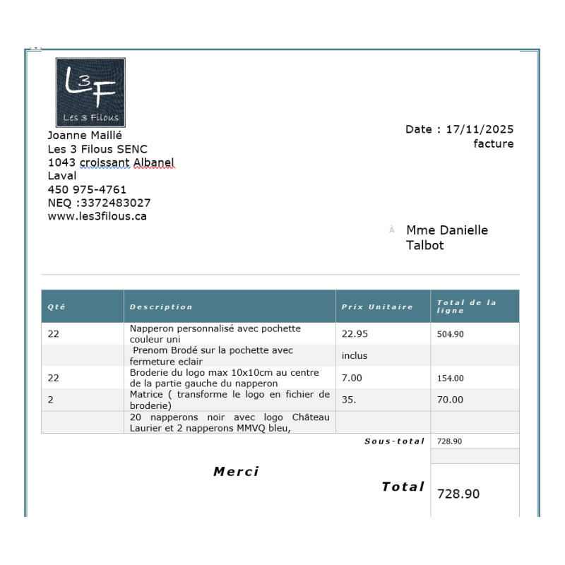 Commande Spéciale napperons MMe Talbot