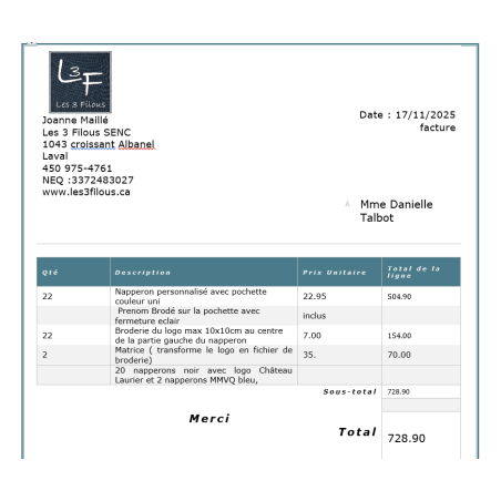 Commande Spéciale napperons MMe Talbot