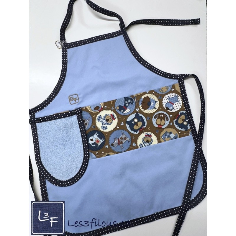 Médaillon Chiens Tablier Avec Essuie-mains Enfant Couleur Bleu prêt à Broder TEN-321P