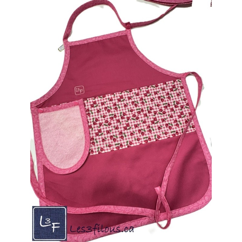 Cerises Cherry Tablier Enfant avec essuie-mains Couleur Fushia Prêt à Broder TEN-326P