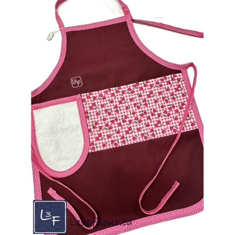 Cerises Cherry Tablier Enfant avec essuie-mains CouleurBourgogne Prêt à Broder TEN-328P
