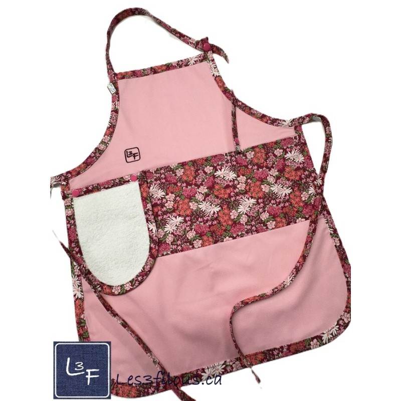 Fleurs Tablier Enfant avec essuie-mains CouleurRose Prêt à Broder TEN-329P