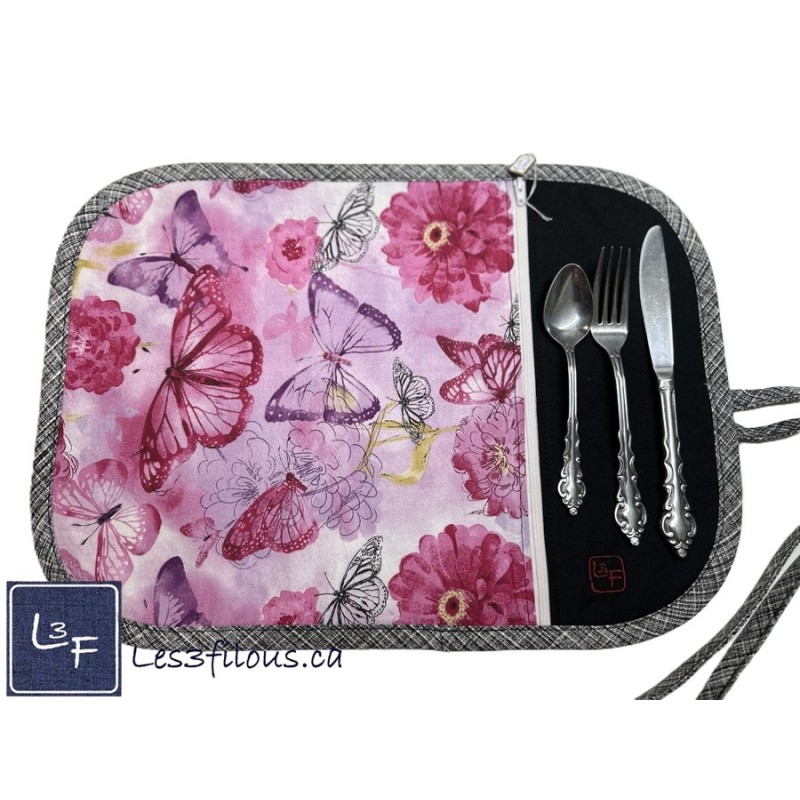 Fleurs et Papillons Napperon avec Pochette Personnalisé Prêt à Broder NAP-417aP