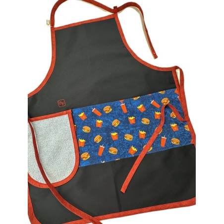 Mc Do Mal Bouffe Fast Food  Frite Hamburger Tablier Adulte avec Essuie-mains Couleur Noir Prêt à Broder TEM-366P