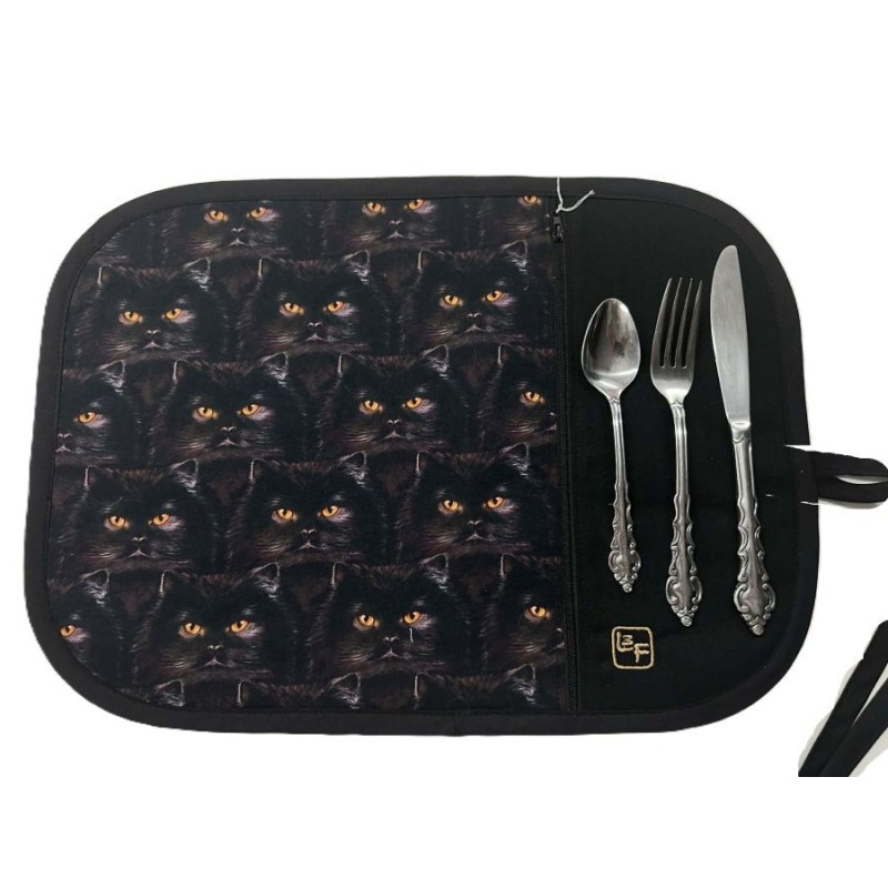 Chats aux yeux Jaunes Napperon avec Pochette Prêt à Broder Personnalisé NAP-420P