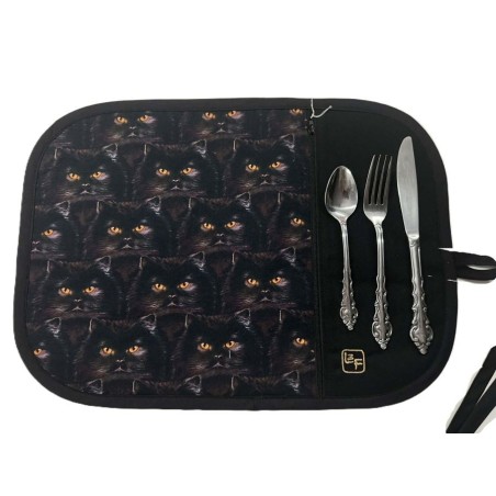 Chats aux yeux Jaunes Napperon avec Pochette Prêt à Broder Personnalisé NAP-420P