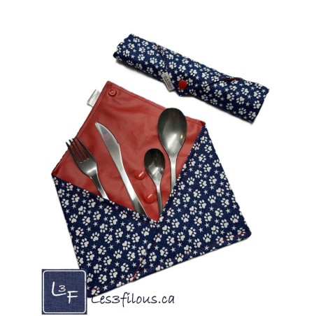 Petites Pattes de Chien Chat Pochette à Ustensiles Roulable et Réutilisable (Ustensiles inclus) UST-040