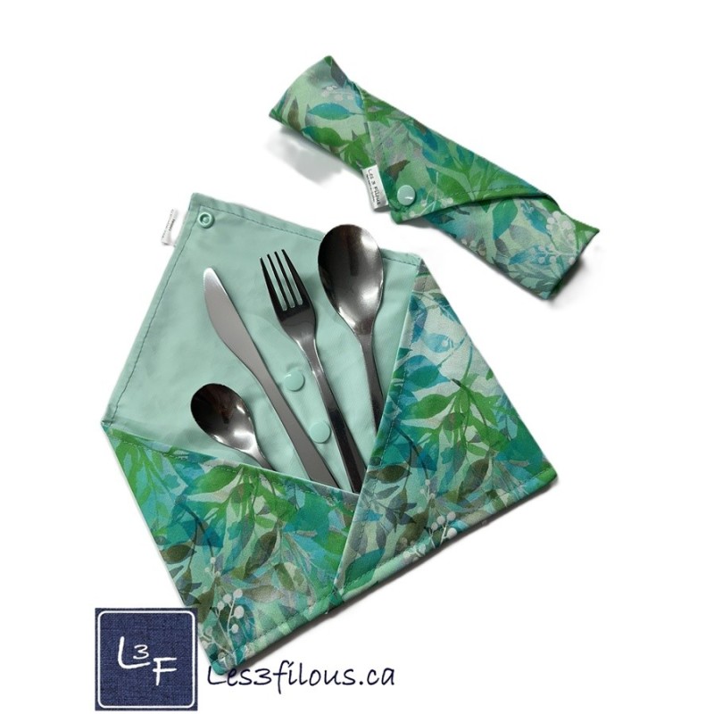 Feuillage vert Pochette à Ustensiles Roulable et Réutilisable (Ustensiles inclus) UST-046