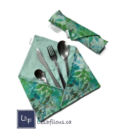 Feuillage vert Pochette à Ustensiles Roulable et Réutilisable (Ustensiles inclus) UST-046