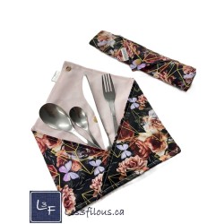 Fleurs et Papillons Pochette à Ustensiles Roulable et Réutilisable (Ustensiles inclus) UST-041