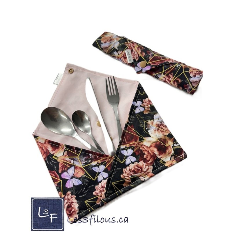 Fleurs et Papillons Pochette à Ustensiles Roulable et Réutilisable (Ustensiles inclus) UST-041