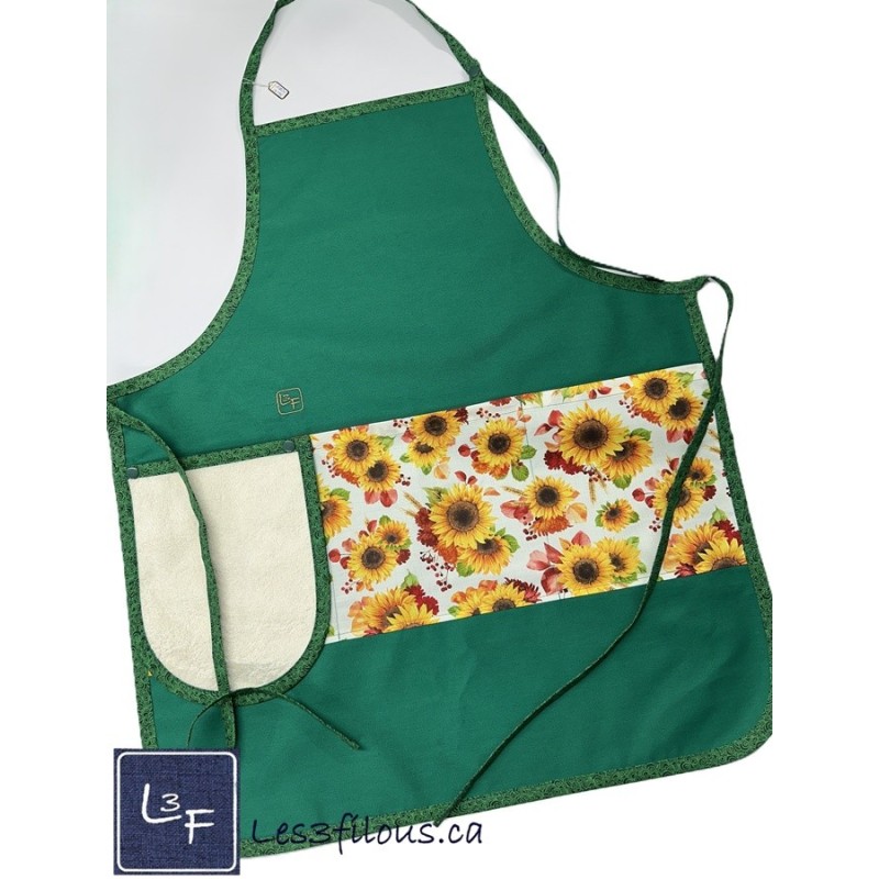 Tournesols Sunflowers Fleurs Tablier Adulte Vert avec Essuie-mains Prêt à Broder TEM-375P