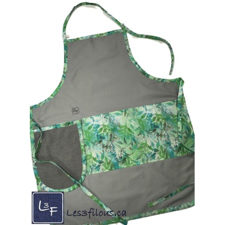 Feuillage vert et Turquoise Tablier Adulte Gris avec Essuie-mains Prêt à Broder TEM-378P