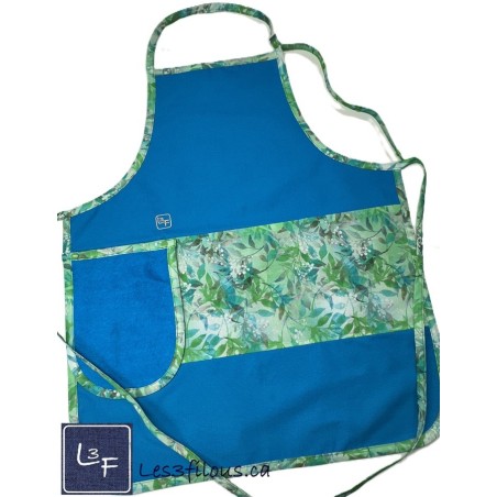 Feuillage vert et Turquoise Tablier Adulte Bleu Royal avec Essuie-mains Prêt à Broder TEM-379P
