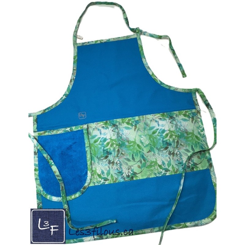 Feuillage vert et Turquoise Tablier Adulte Bleu Royal avec Essuie-mains Prêt à Broder TEM-382P