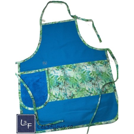 Feuillage vert et Turquoise Tablier Adulte Bleu Royal avec Essuie-mains Prêt à Broder TEM-382P