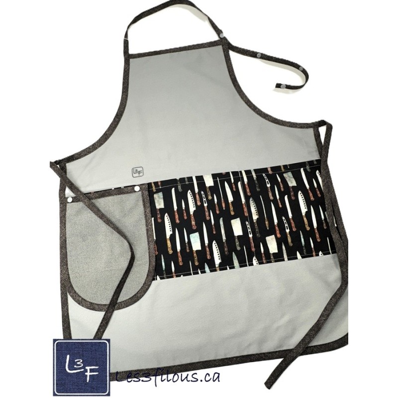 Couteaux de chef Tablier Adulte Gris avec Essuie-Mains Couleur Gris Prêt à Broder TEM-384P