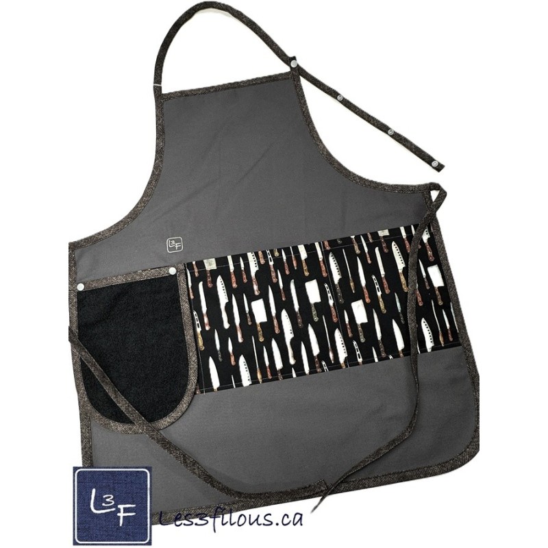 Couteaux de chef Tablier Adulte Gris Foncé avec Essuie-Mains Couleur Gris Prêt à Broder TEM-385P