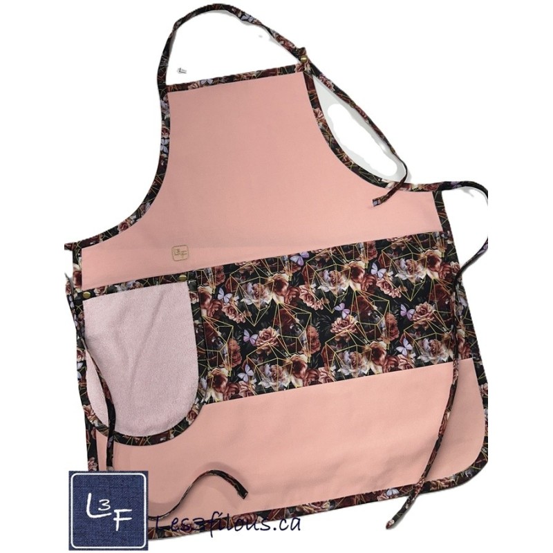 Roses et Papillons Fleurs Tablier Rose avec Essuie-mains Adulte Prêt à Broder TEM-387P