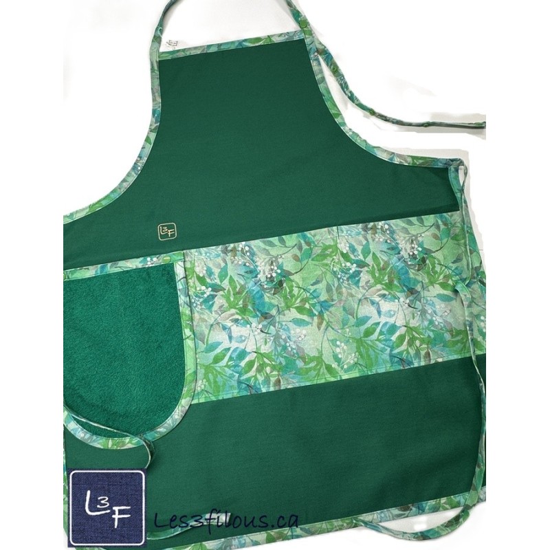 Feuillage vert et Turquoise Tablier Adulte Vert avec Essuie-mains Prêt à Broder TEM-393P