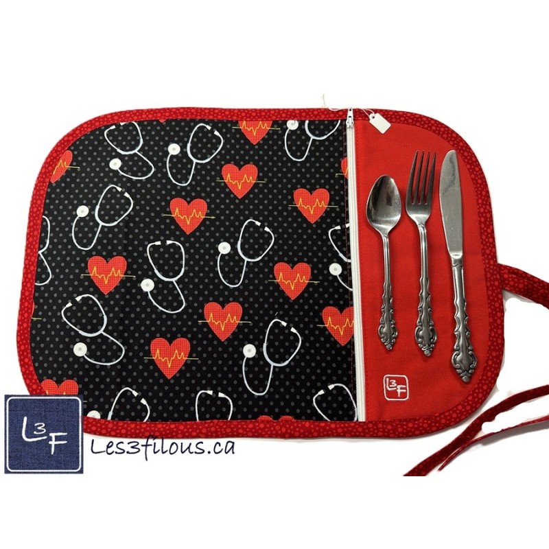Médical Stétoscope Battements Coeur Napperon avec Pochette Personnalisé Prêt à Broder NAP-472P