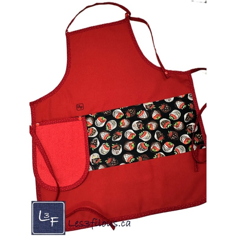 Fraise au Chocolat Tablier Adulte avec Essuie-mains Couleur Roug Prêt à Broder TEM-409P